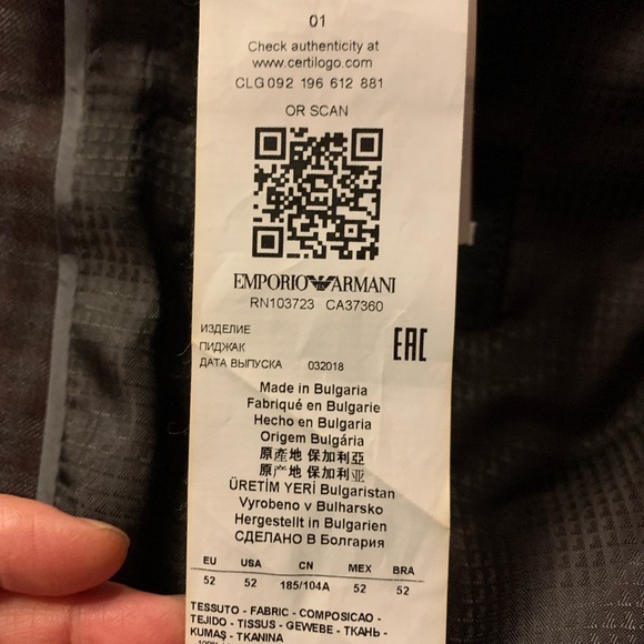 NWOT $1689 Emporio Armani GLine 100% Virgin Wool Men’s Blazer Check Sz US40 - Picture 8 of 8